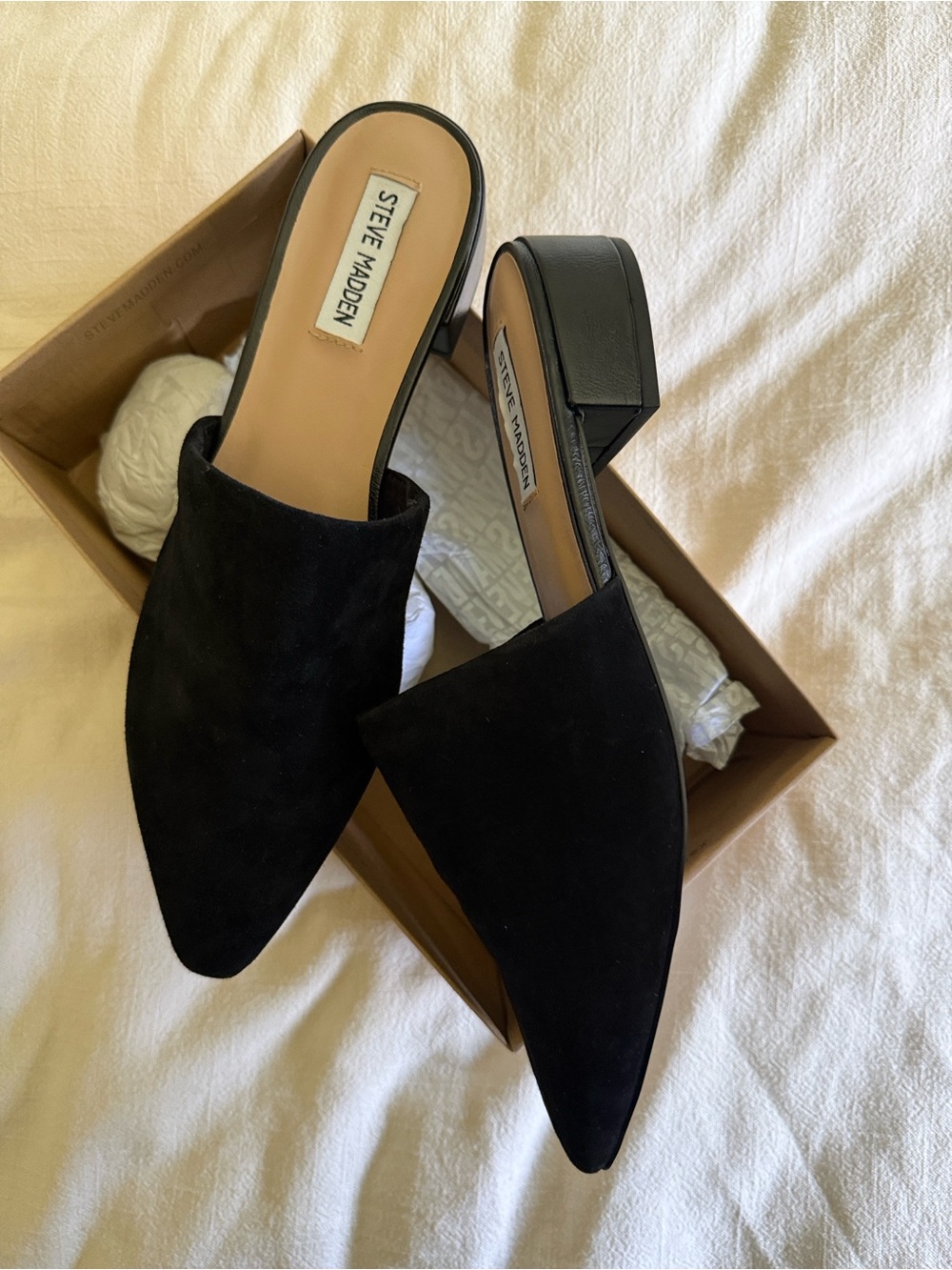 Steve Madden Black Suede Lyra Pointed Backless Slip On Mules